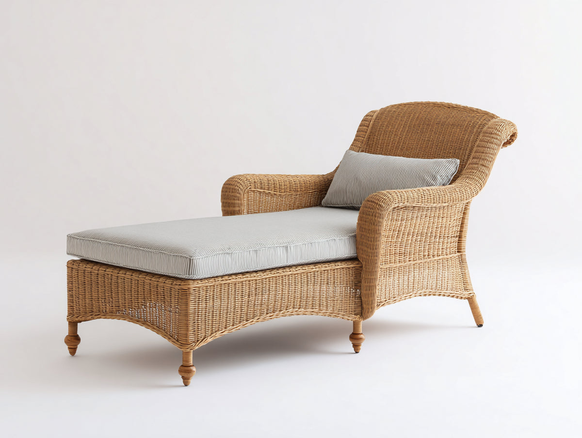Lettino prendisole - Rattan-Tessuto-Legno - 165 x 92 x 95 cm - Naturale-Grigio chiaro - Stile classico con schienale curvo